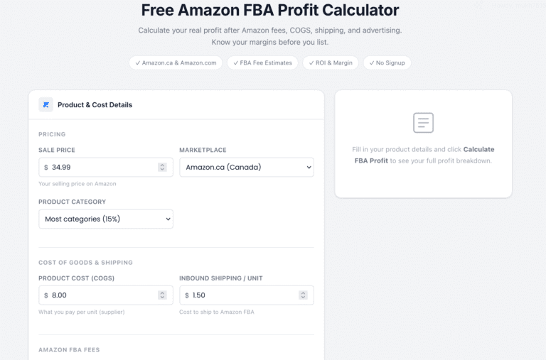 Amazon FBA calculator free — profit breakdown example
