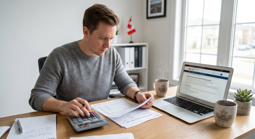 Canadian freelancer reviewing GST HST tax documents with calculator and laptop