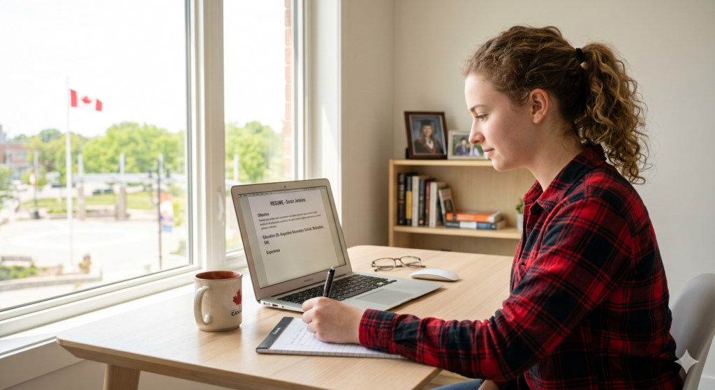 Young Canadian job seeker writing their first resume on a laptop