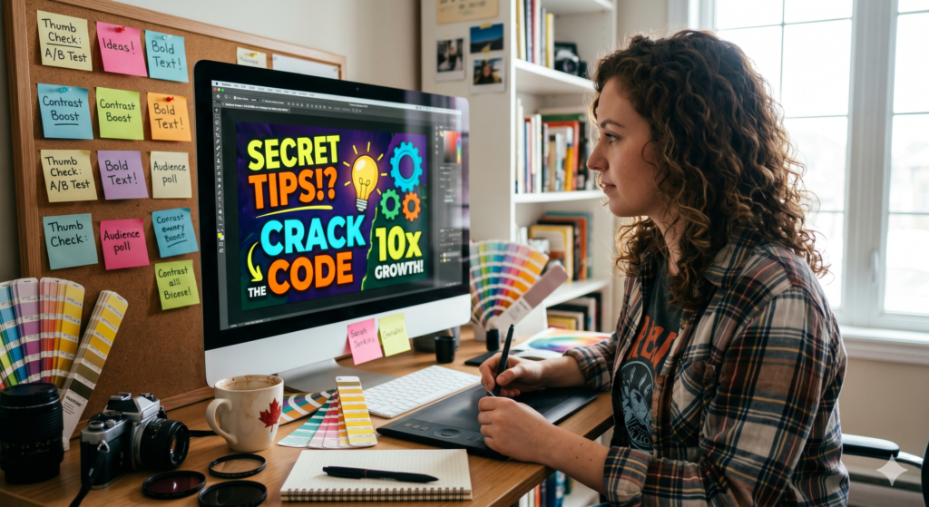 A Canadian job seeker on a laptop with a resume document on screen being scanned by a digital interface with green checkmarks appearing next to keywords. Modern desk setup. Photorealistic style, natural lighting, professional photography look.