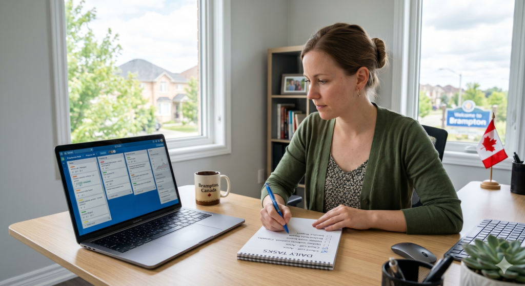 A Canadian YouTube creator designing a thumbnail on a computer screen with bright bold text and high contrast colors visible on the display. Creative workspace with sticky notes and color swatches. Photorealistic style, natural lighting, professional photography look.
