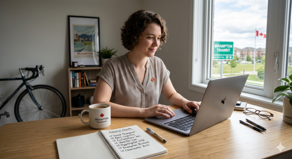 Canadian freelancer finding clients online with laptop and client list notebook