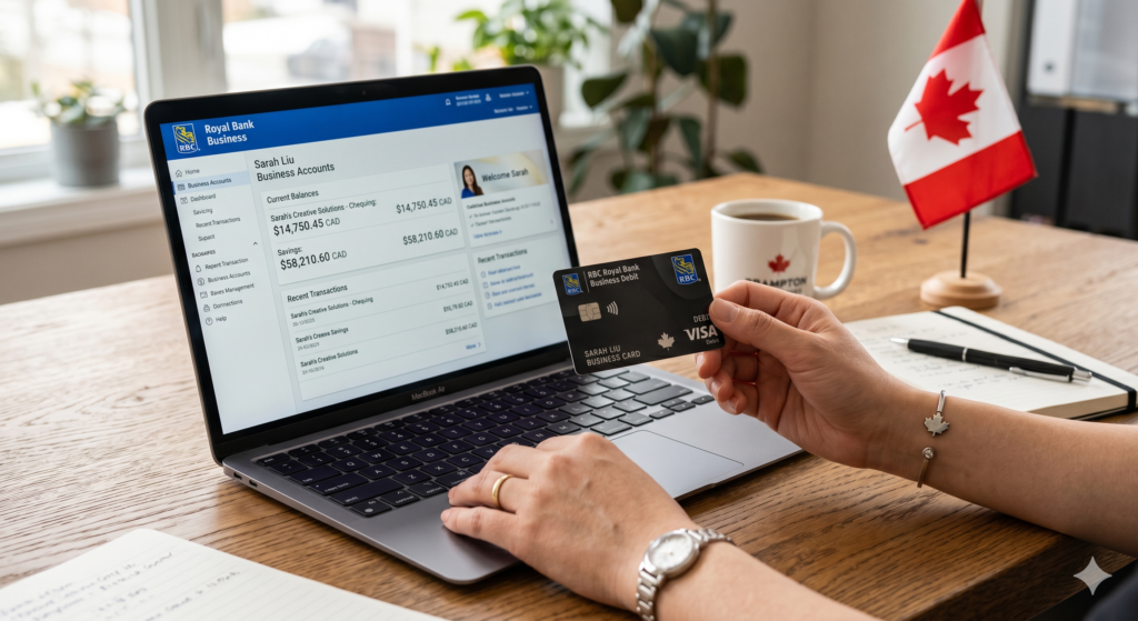 Canadian business owner holding a business debit card next to a laptop showing a Canadian bank dashboard