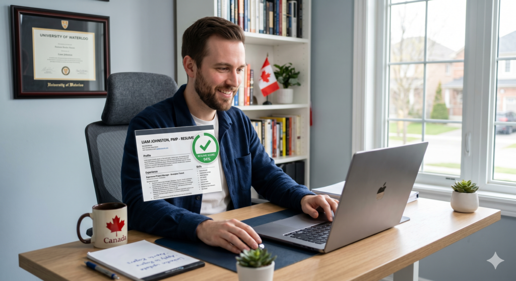 Canadian job seeker checking ATS resume score on laptop with green checkmark indicator