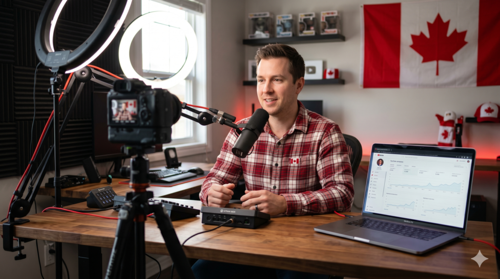 Canadian YouTube creator recording a video at a professional home studio setup with camera and ring light